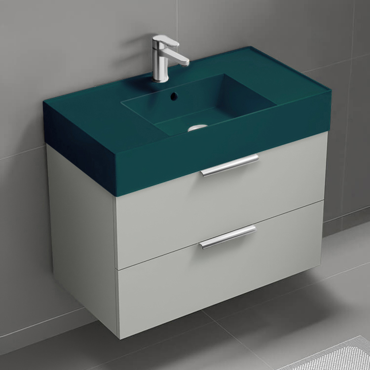 Nameeks DERIN337 Green Sink Bathroom Vanity, Wall Mounted, Modern, 32 Inch, Grey Mist